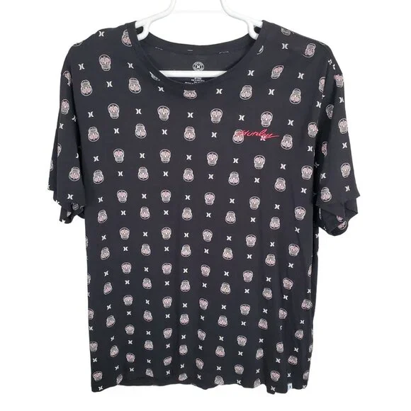 Hurley XXL Mens Shirt Graphic Tee Black Sugar Skull Allover Print Short Sleeve - Picture 2 of 8